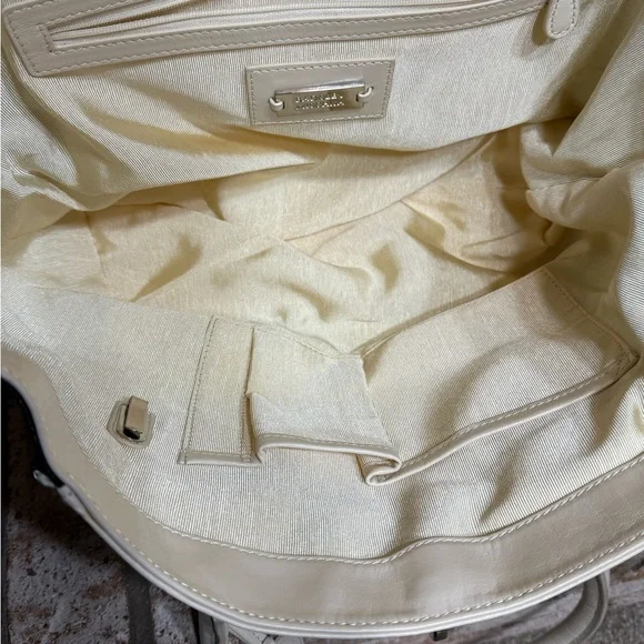 Badgley Mischka Ivory and Black Leather Tote Bag Silver Hardware Satchel - Picture 7 of 13